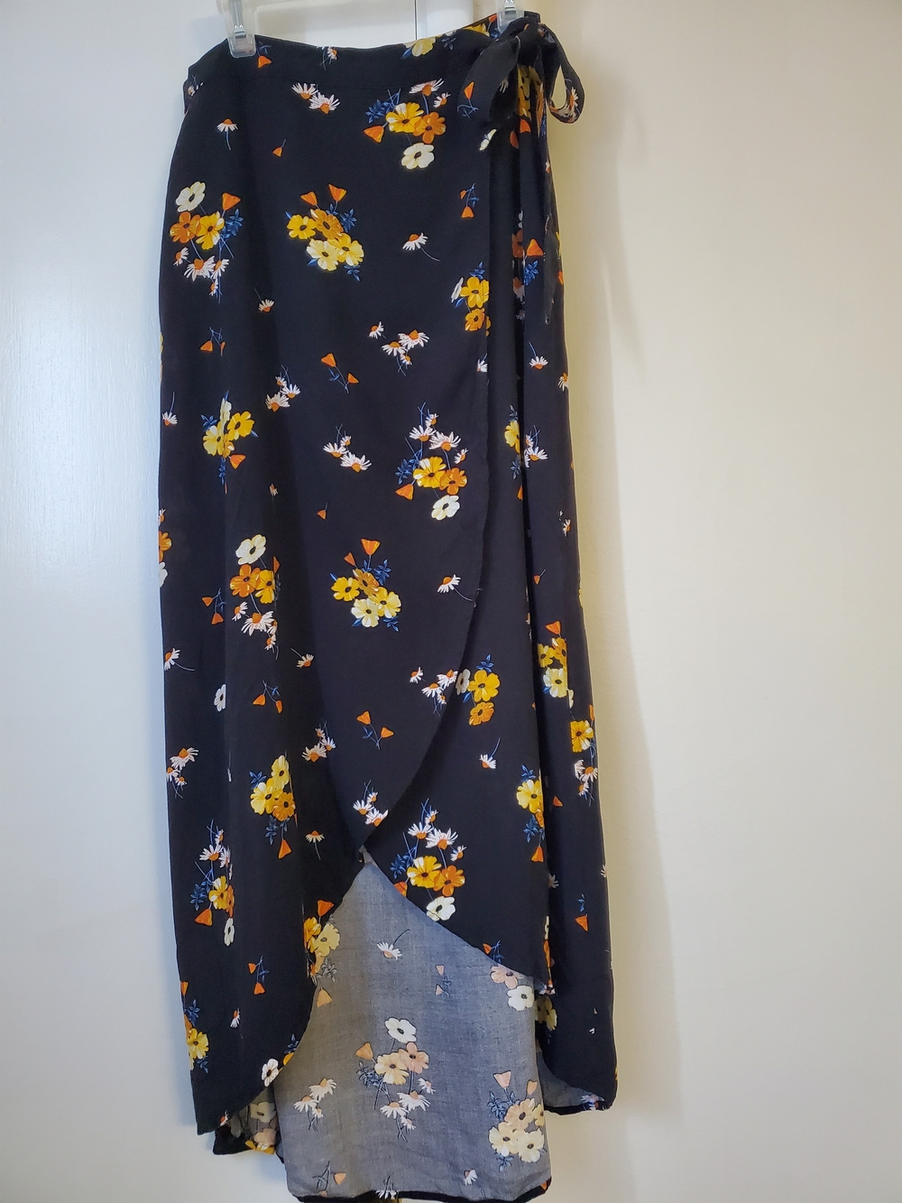 Floral Wrap Maxi Skirt - Black with Yellow Orange Floral